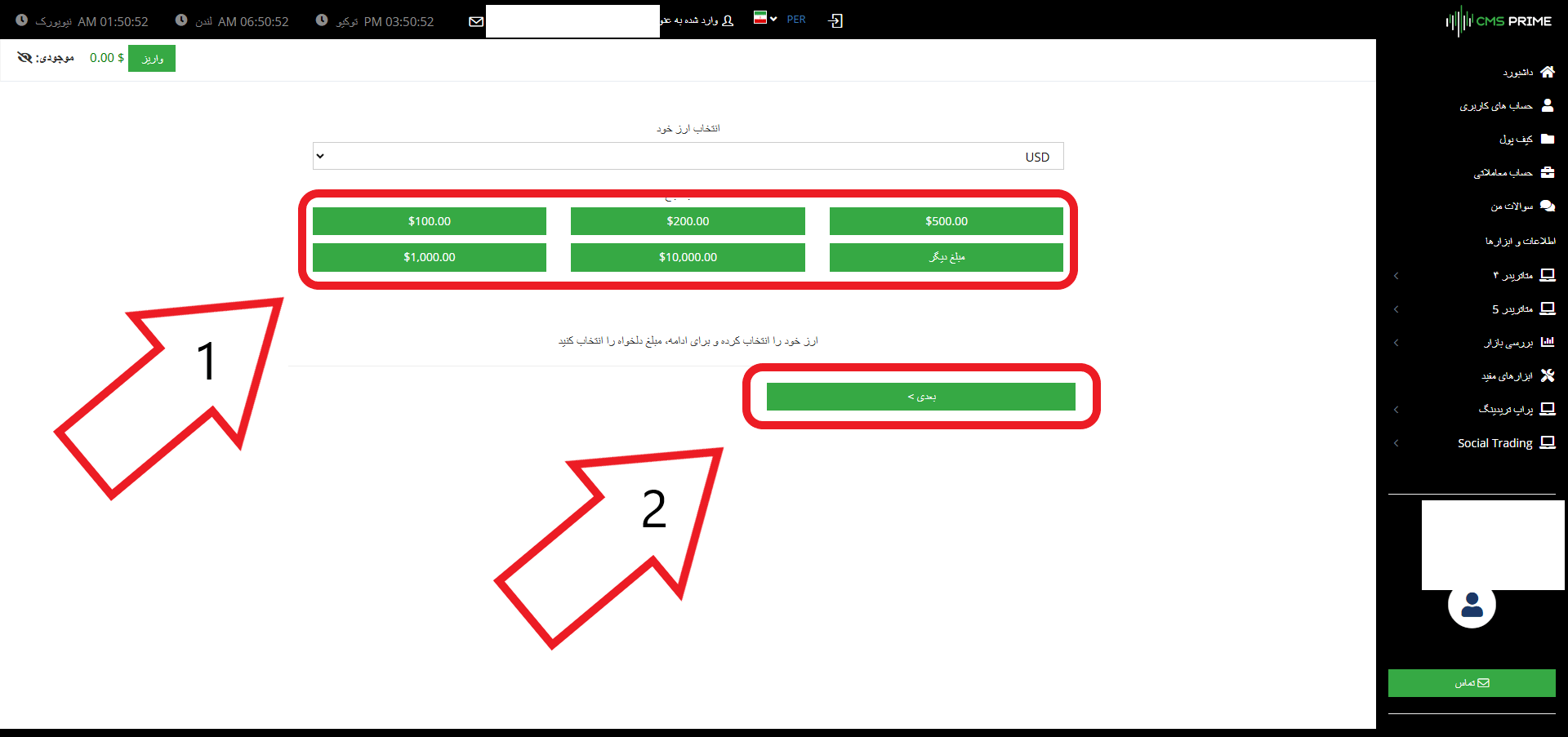 مقدار واریزی به حساب CMS Prime