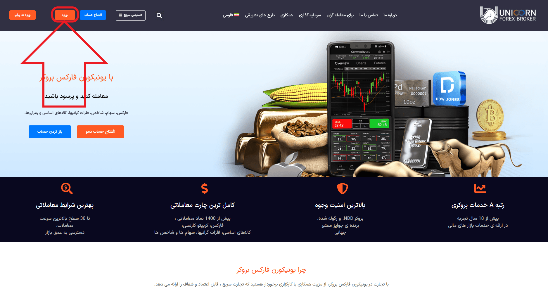 مرحله اول از ورود به حساب کاربری در بروکر یونی کورن