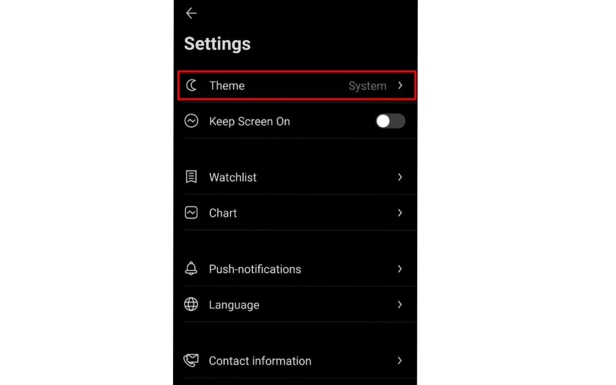 تنظیمات تم تریدینگ ویو در موبایل